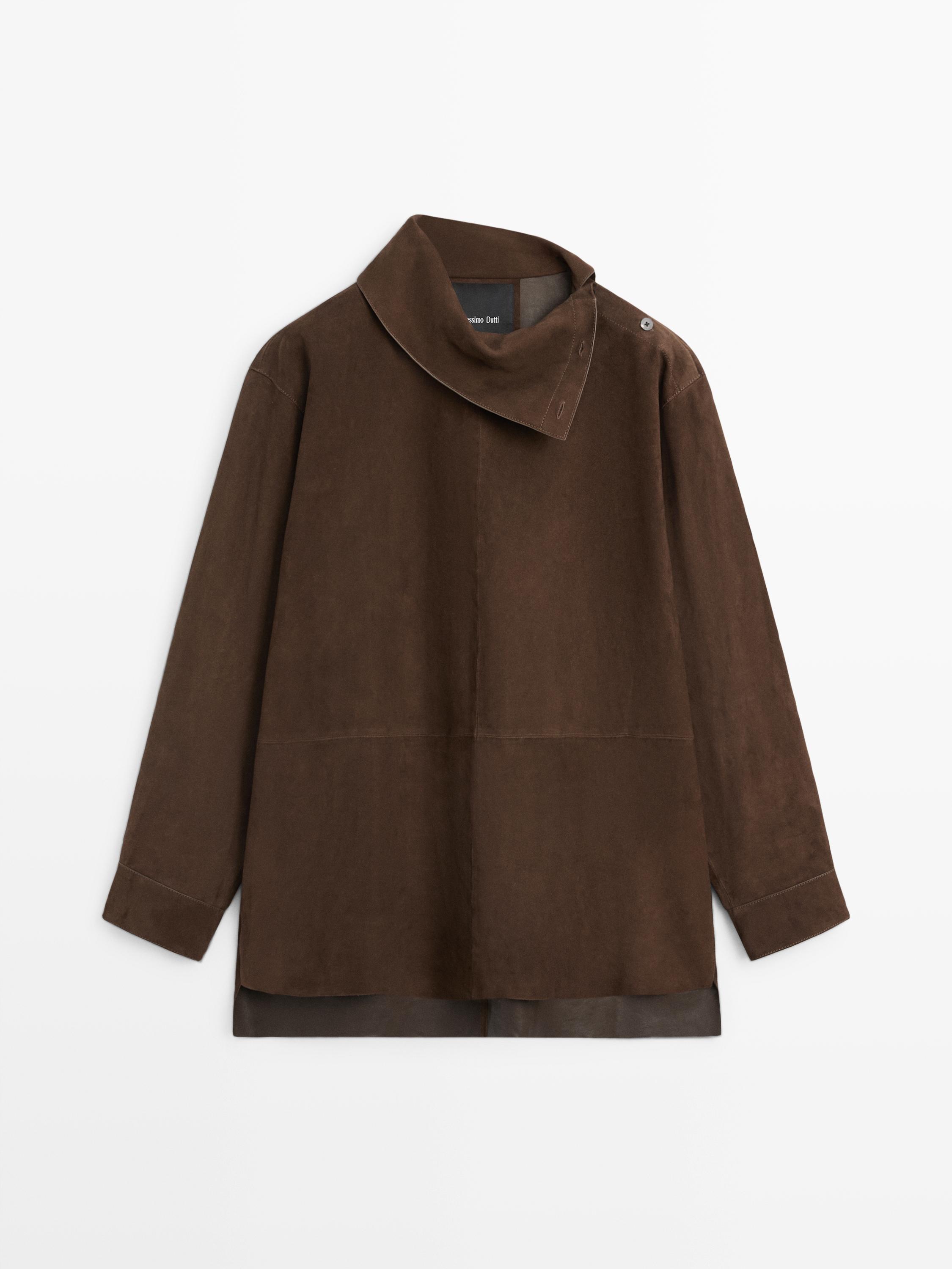 Suede leather oversize blouse with high neck